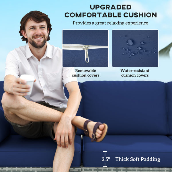 3 Seater Outdoor Sofa with Cushions, Synthetic Rattan Garden Sofa with Cushions, Dark Blue