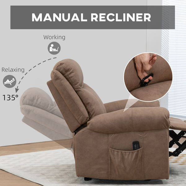 Manual Recliner with Vibration Massage, Side Pockets, in Microfiber, Brown
