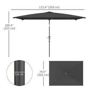 Rectangular tilting aluminium garden parasol 2 x 3 m, garden parasol, outdoor parasol with crank, dark grey