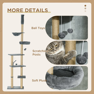 Cat tree, ceiling height 230 to 250 cm, with scratching post, hanging balls, platforms, bed and hammock, gray