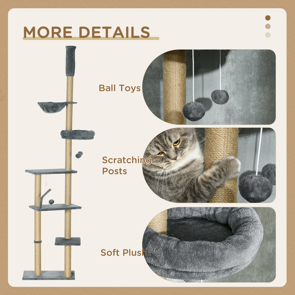 Cat tree, ceiling height 230 to 250 cm, with scratching post, hanging balls, platforms, bed and hammock, gray