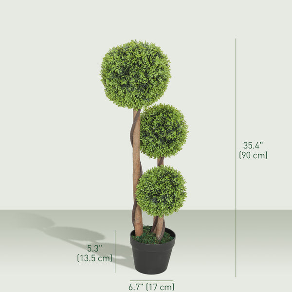 Set of 2 artificial boxwood trees with 3 balls, 90 cm, with pots – Light green
