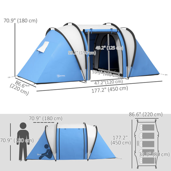 Camping tent with 2 rooms and a living area, 3000 mm waterproof, blue/grey