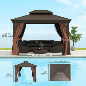 10' x 12' Hardtop Gazebo with Galvanized Canopy and Mesh Sidewalls for Lawn and Garden, Dark Brown 