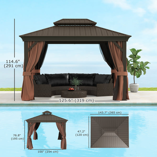 10' x 12' Hardtop Gazebo with Galvanized Canopy and Mesh Sidewalls for Lawn and Garden, Dark Brown 