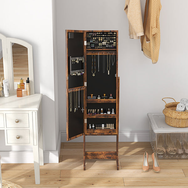 Freestanding jewelry cabinet with illuminated mirror, adjustable angle and 16 LEDs, rustic brown color