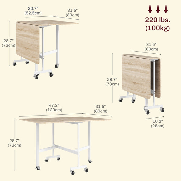 Folding drop-leaf dining table on wheels for 6 people – Oak and white