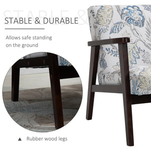 Retro fabric armchair with wooden armrests, floral pattern