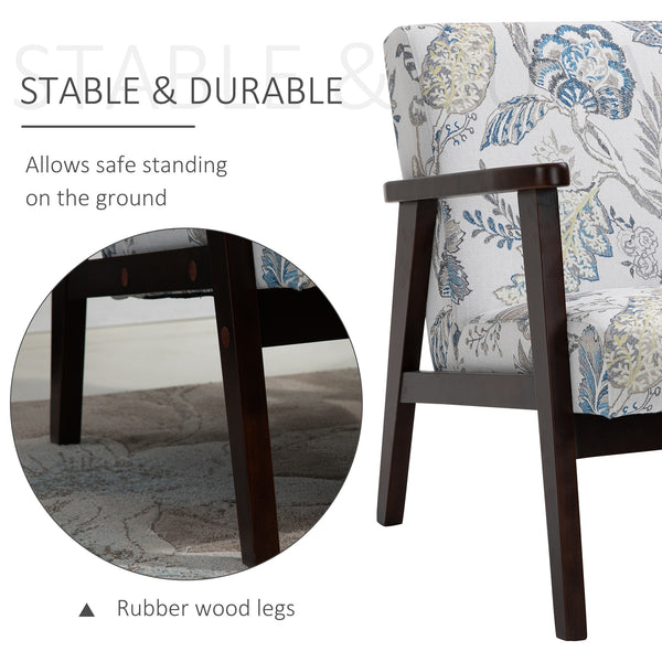 Retro fabric armchair with wooden armrests, floral pattern