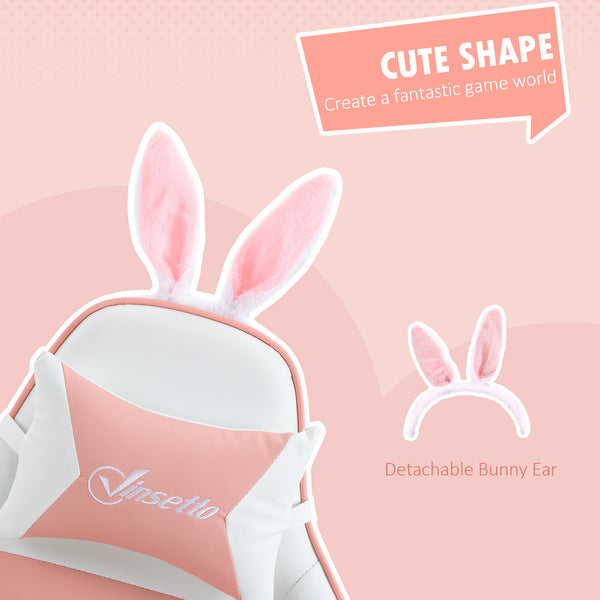 PU leather gaming chair with footrest, headrest and lumbar support, white and pink