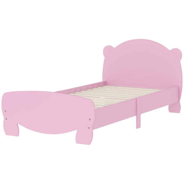 Children's bed frame with bear-shaped headboard and footboard, pink