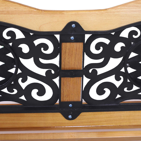 Two-seater outdoor garden bench, wooden and metal frame with a backrest adorned with plastic patterns, natural wood