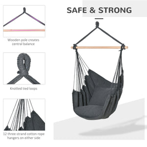Hanging macrame cotton hammock with two soft cushions, dark grey