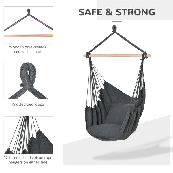 Hanging macrame cotton hammock with two soft cushions, dark grey
