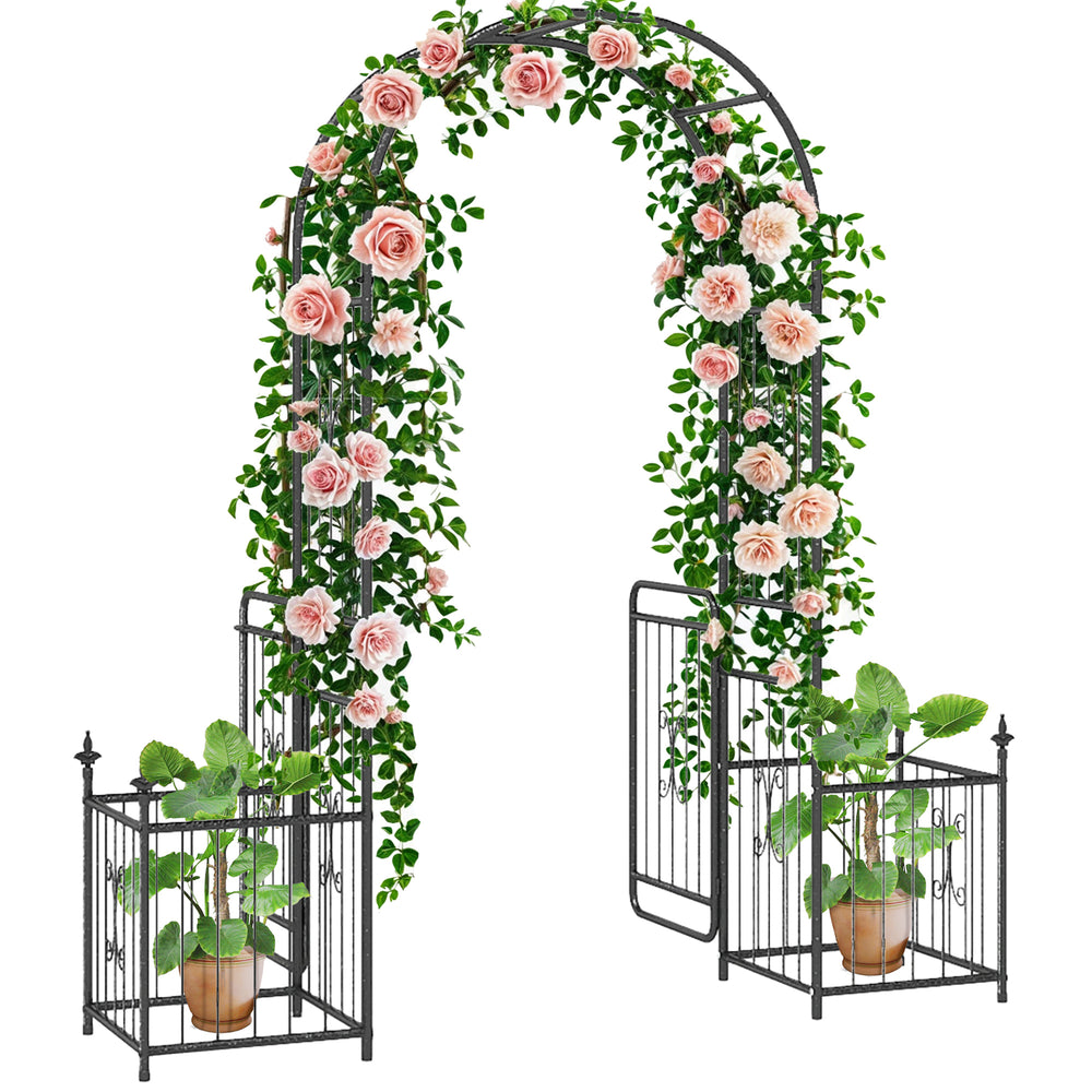 Metal garden arch with gate and 2 side planters