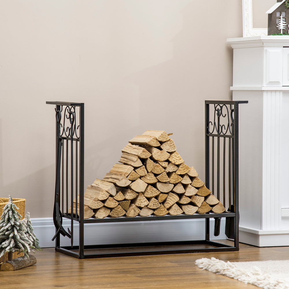 Firewood rack with 4 fireplace tools and raised base – Black