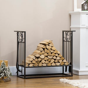 Firewood rack with 4 fireplace tools and raised base – Black