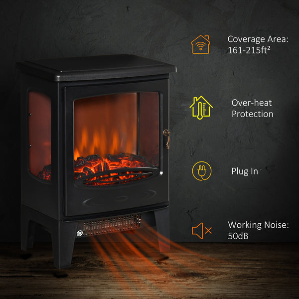 Freestanding fireplace stove with realistic flame effect and adjustable temperature 750W/1500W, black