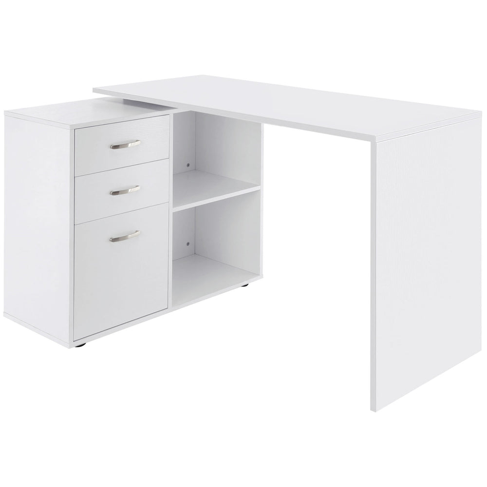 L-shaped corner desk with storage shelf, drawer, white