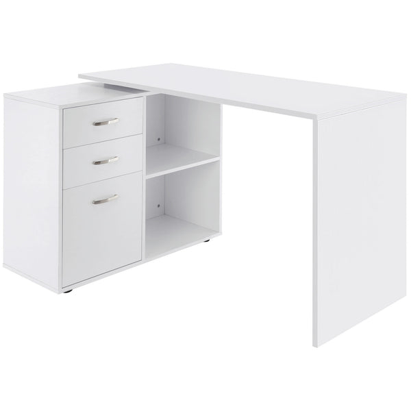 L-shaped corner desk with storage shelf, drawer, white