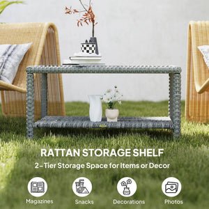 Outdoor Wicker Coffee Table with Glass Top, Dark Grey