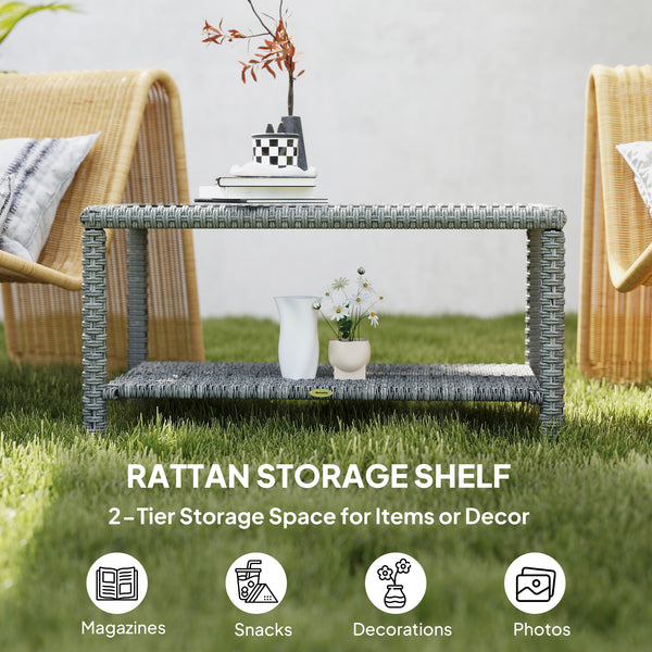 Outdoor coffee table in woven resin with glass top and storage shelf, grey