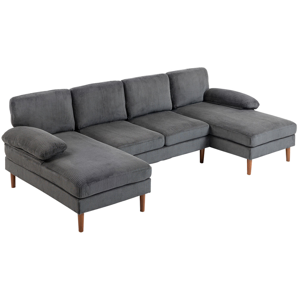 U-shaped corner sofa with double chaise longue, 4-seater with wooden legs, dark grey