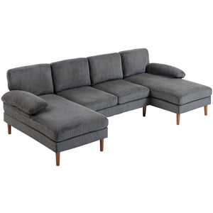 U-shaped corner sofa with double chaise longue, 4-seater with wooden legs, dark grey