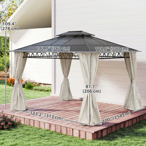 10' x 12' gazebo with double rigid roof, polycarbonate roof, steel frame, mosquito netting and curtains