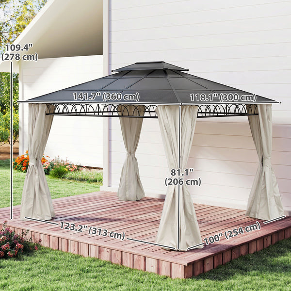 10' x 12' gazebo with double rigid roof, polycarbonate roof, steel frame, mosquito netting and curtains