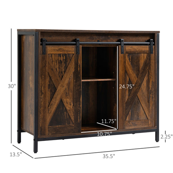Industrial buffet with sliding barn doors, rustic brown color.