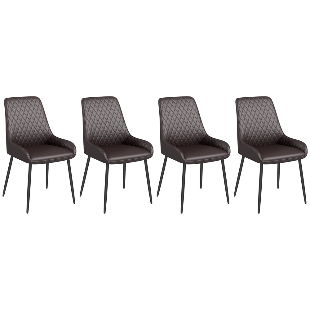Set of 4 modern chairs with diamond-patterned tufting and steel legs, brown