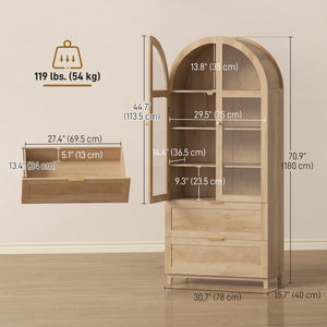 Tall oak-effect pantry with arched doors, drawers, and adjustable shelves