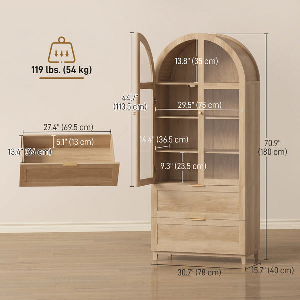 Tall oak-effect pantry with arched doors, drawers, and adjustable shelves