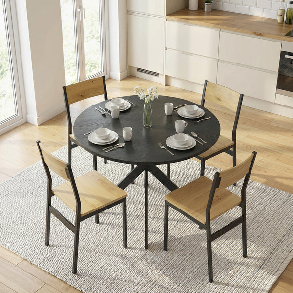 Contemporary round dining table with steel legs, black wood look