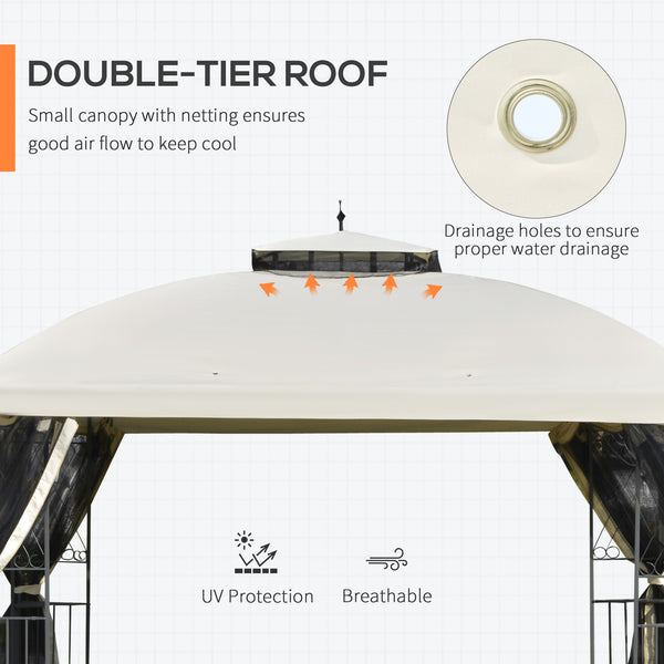 10 x 12 gazebo with double-pitched roof, removable mesh side panels and triangular shelves, beige 