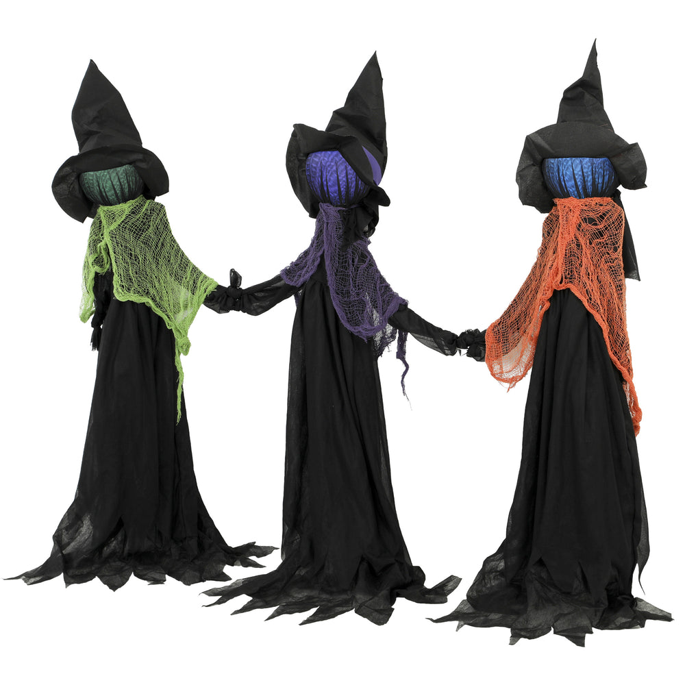 Trio of light-up Halloween witches with garden stakes and timer – Black, green, orange and purple