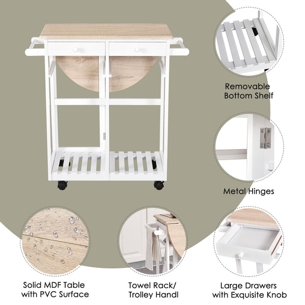 3-piece kitchen trolley including a drop-leaf breakfast table and 2 stools, in wood and white.
