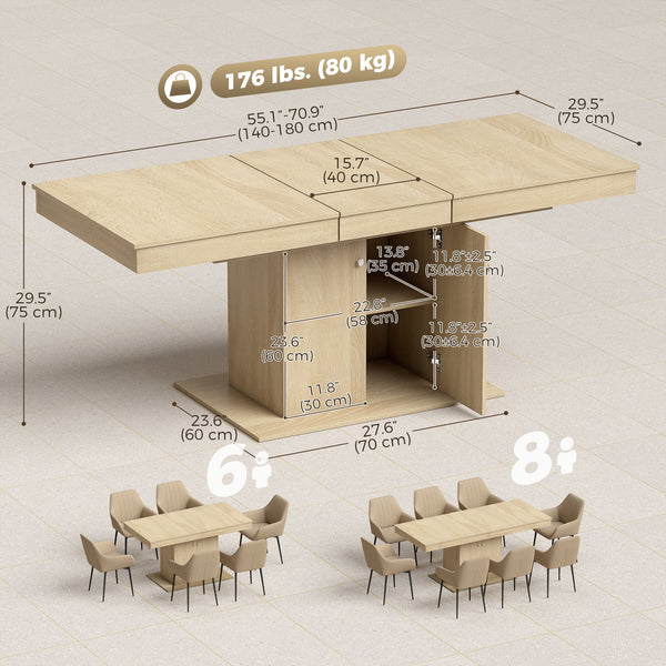 Expandable dining table 55 to 71 in. with storage, natural wood look