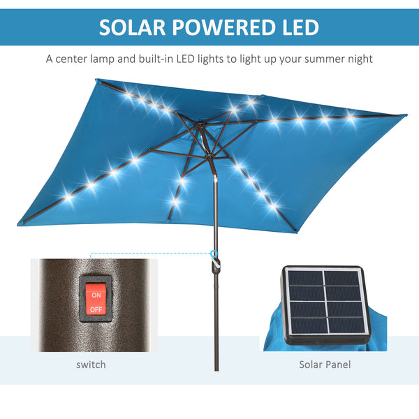 9.7-foot rectangular parasol with crank and LED lighting, turquoise