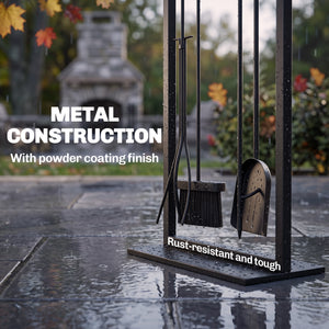 5-piece fireplace tool set with stand, shovel, brush, poker, and tongs – Black