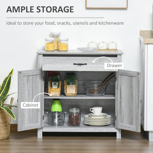 Farmhouse style buffet with barn-style sliding doors, distressed gray finish