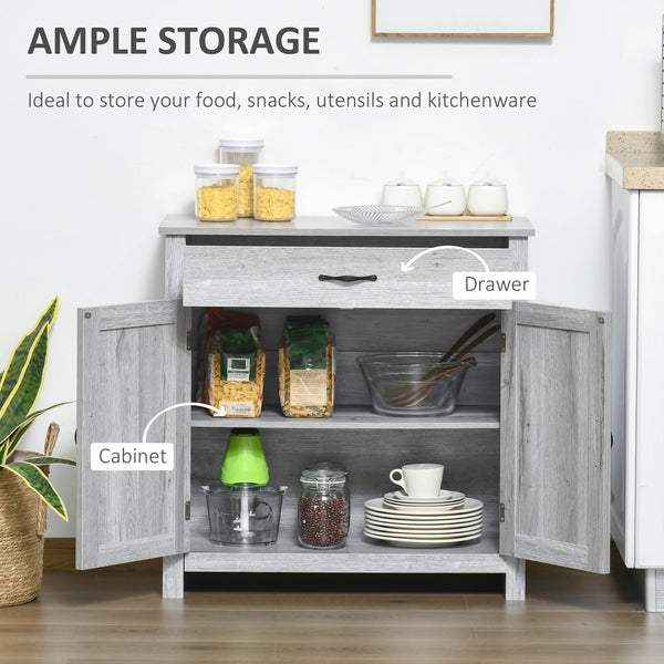 Farmhouse style buffet with barn-style sliding doors, distressed gray finish