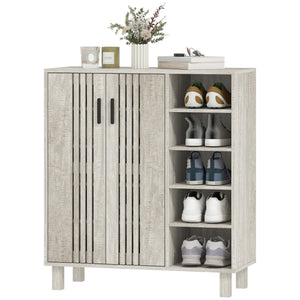 Shoe storage unit with double doors and open shelves, 17 pairs, light grey