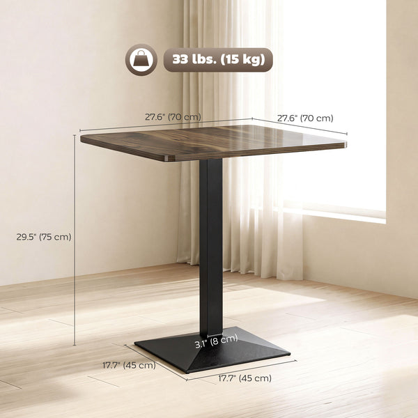 Square dining table with steel base, compact and space-saving, walnut-look.