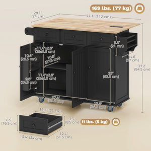 Mobile kitchen island with drop leaf, storage and charging station – Black and oak