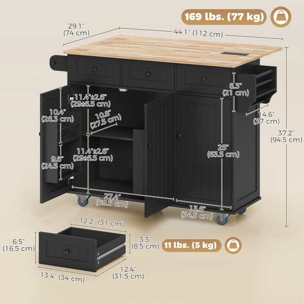 Mobile kitchen island with drop leaf, storage and charging station – Black and oak