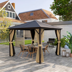 10' x 10' Aluminum Hardtop Gazebo with Mosquito Netting, Curtains and Hanging Hook, Brown