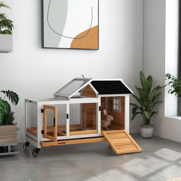 Rabbit cage with wheels, ramp, run, and tray