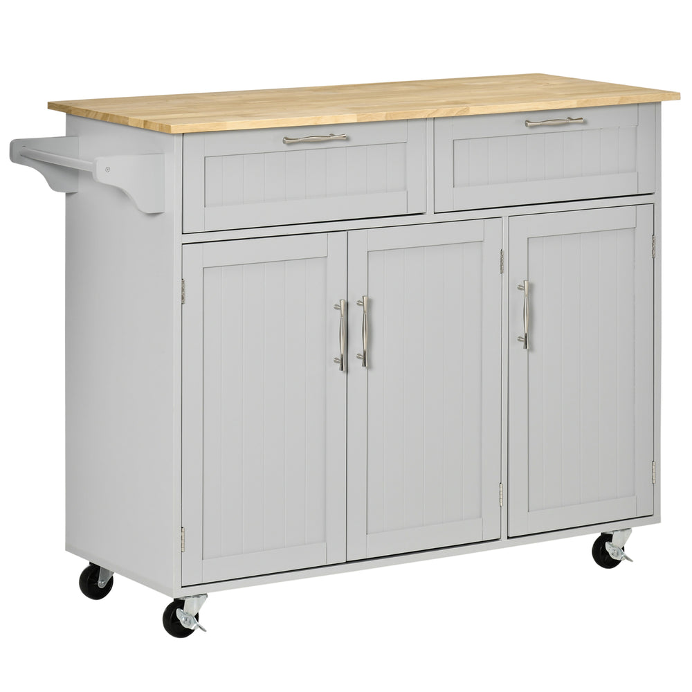 Rolling kitchen island with 2 storage drawers, 3 cupboards with doors and towel rail - Grey